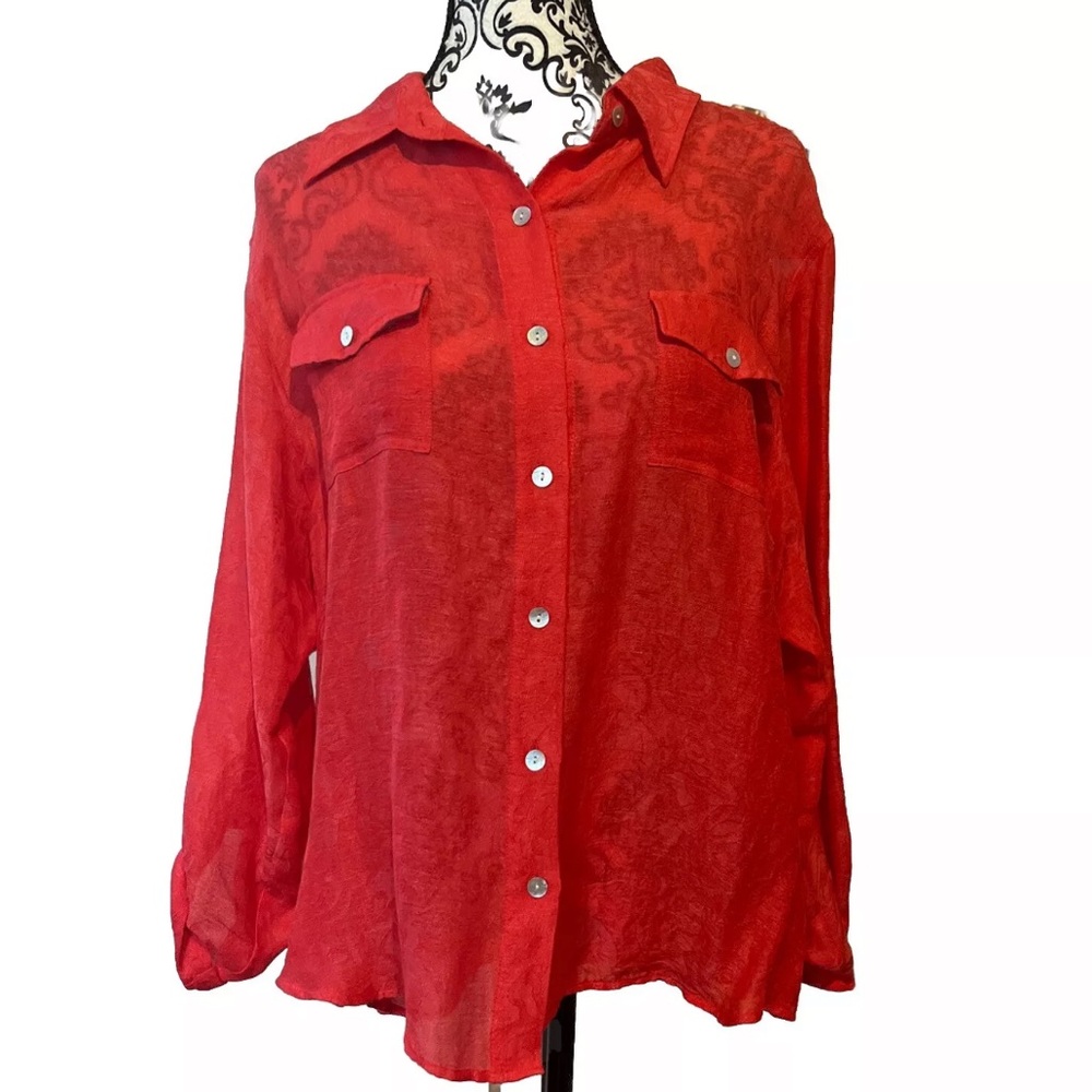 Chico's Floral Embossed Silk Linen Blend Button Down Shirt Red Orange Sz 3 (XL)